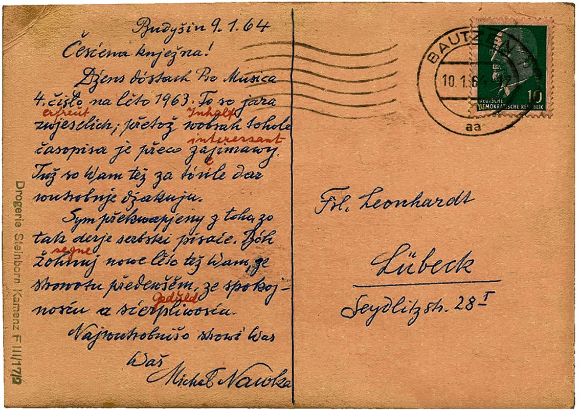 Dopisnica Michała Nawki na Luise Leonhard  Wobraz: Serbski kulturny archiw