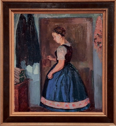 Inspirěrowana wót wobraza Eriki Krügerojc: »Pśi woblekanju« (zachopjeńk 20. stolěśa), wólej na płaśe a na papjercu. Foto: <b>Źilka</b>