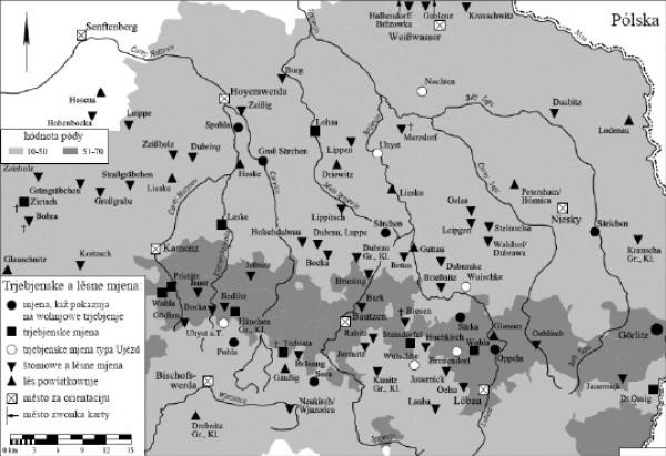 Karta trjebjenskich a lěsnych mjenow po karće 8 w »Oberlausitzer Ortsnamenbuch«, skorigowana nastupajo wobě tam hišće njezapisanej mjenje za Wohla, hlej tekst  Grafika: Andreas Häffner