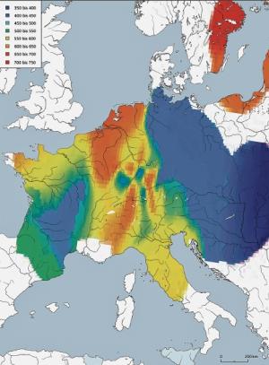 Chronologiske wuwiće rozšěrjenja kawrijowych šlinkowych chěžkow w srjedźnej Europje wot kónca 4. hač do 8. lětstotka  Grafika: Annette Lennartz