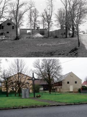 Wotpalena korčma w Zejicach a něhdyši Krawčikec statok z bróžnju. Jón Polacy tehdy njezapalichu, dokelž mějachu w bróžni swój lacaret. Wokoło 15 ćežko zranjenych zawostachu po cofnjenju tam.  Fota: Benedikt Cyž