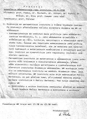  Wućah protokola posedźenja wědomostneje rady instituta, 22.05.1990&amp;nbsp;  Reprodukcija: Ludwig Ela