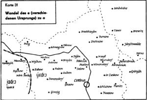  Rozdźělenje pśechada e na a w słowje &rsaquo;wjedro/wjadro&lsaquo; w dolnoserbskich dialektach. K&oacute;rta  jo wuwzeta z monografije Helmuta Faski w&oacute; Wěto&scaron;ojskem dialekśe.  Fośe: Fabian Kaulf&uuml;rst