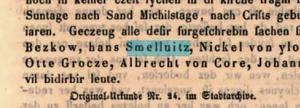 Prědne wobspomnjeśe Chmjelowa wót 1. oktobra 1385 ako Smelluitz.   Reprodukcija: Michael Meyer