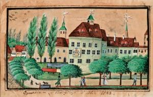  &rsaquo;Gymnasium w Budy&scaron;inje w lěće 1824&lsaquo; njeznateho wuměłca, akwarelěrowana rysowanka, 1824, SM-V-005190, Serbski muzej Budy&scaron;in  Reprodukcija: Jan Bart