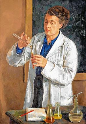  Jan Buk, Chemikarka, 1953, wolij na płatnje, 100 × 70,5 cm&amp;nbsp;&amp;nbsp; Wobraz: Kustodija Wysokeje šule tworjaceho wuměłstwa, Drježdźany, Archiw a kustodija, inw.-čo. A 024, foto: Kerstin Riße