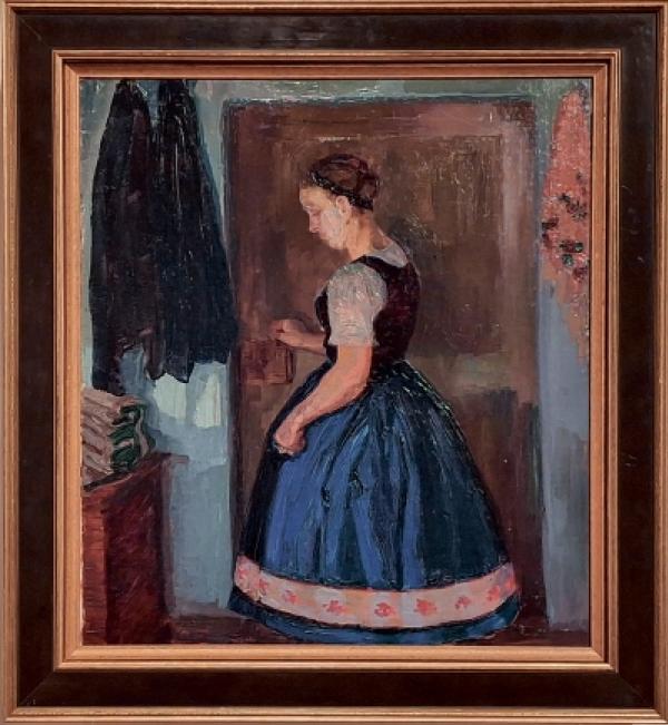 Inspirěrowana w&oacute;t wobraza Eriki Kr&uuml;gerojc: &raquo;Pśi woblekanju&laquo; (zachopjeńk 20. stolěśa), w&oacute;lej na płaśe a na papjercu.   Foto: Źilka