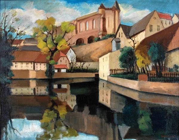 Ante Trstenjak, Budyšin, pohlad na Mikławšk ze Židowa, 1929, wolij na płatnje, 71,5 × 91,5 cm wobraz: Umetnostna galerija Maribor   Reprodukcija: Damjan Švarc