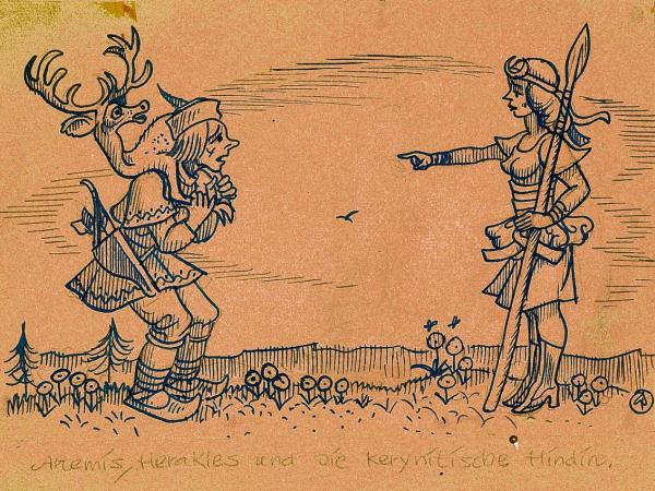 Měrćin Nowak-Njechorński, Artemis, Herakles a keryntiska Hindučanka, rysowanka z čornidłom, 1946, 11,8 × 18,0 cm  Wobraz: Serbski muzej, Budyšin
