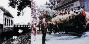 Twarjenje ći&scaron;ćernje 1915 z Wojerowskej Čornicu (nalěwo); naprawo hotuje so před napismom &raquo;Hoyerswerdaer Nachrichten/Buchdruckerei A. Lapstich&laquo; nad zarołowanej rěku w&oacute;z za přećah składnostnje němsko-serbskeho domizniskeho swjedźenja 1954.