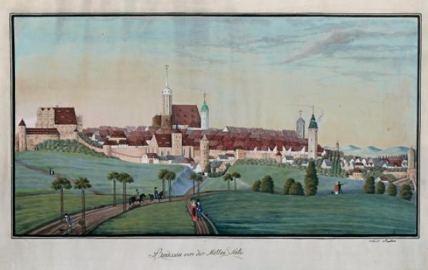  Johann Michael Reuther (1787&ndash;1849): &raquo;Budissin von der Mittag Seite&laquo;. Budy&scaron;in, wokoło 1815/1820. Tempera na papjerje. &copy; Muzej Budy&scaron;in: R 4945.  Reprodukcija:  Holger Hinz, Budy&scaron;in