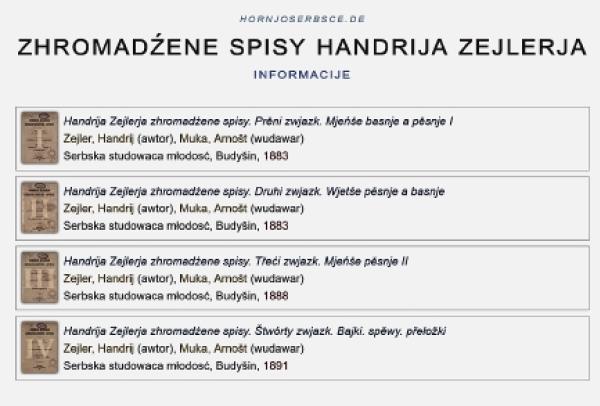 Pokazka na štyrizwjazkoweje publikacije Handrija Zejlerja zhromadźene spisy, kotrež je Serbski institut loni w syći přistupnił Screenshot: Fabian Kaulfürst