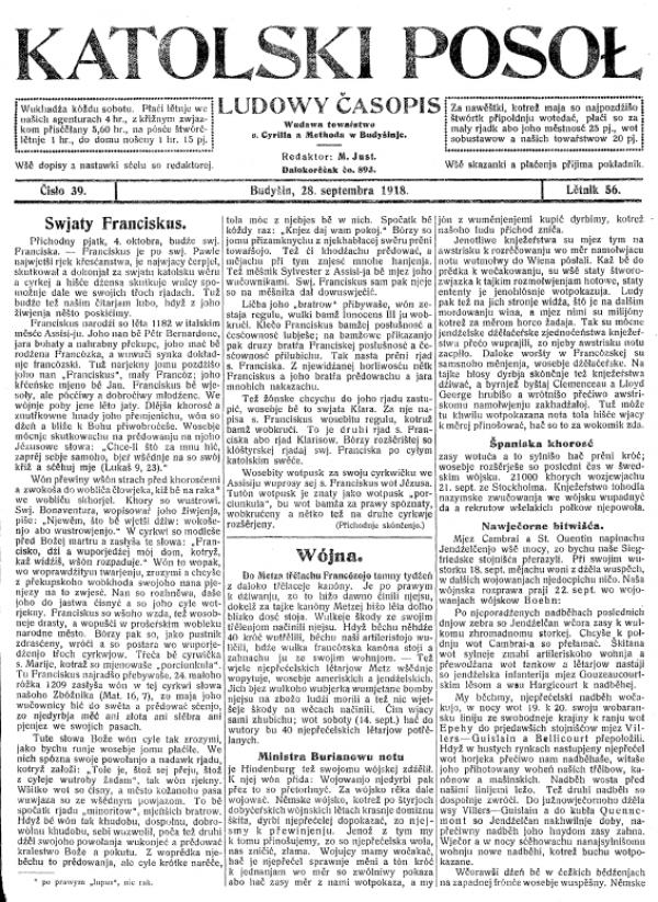 28. septembra 1928 pisaše so w Katolskim Posole wo tak mjenowanej »španiskej khorosći«.  Reprodukcija: Serbska centralna biblioteka